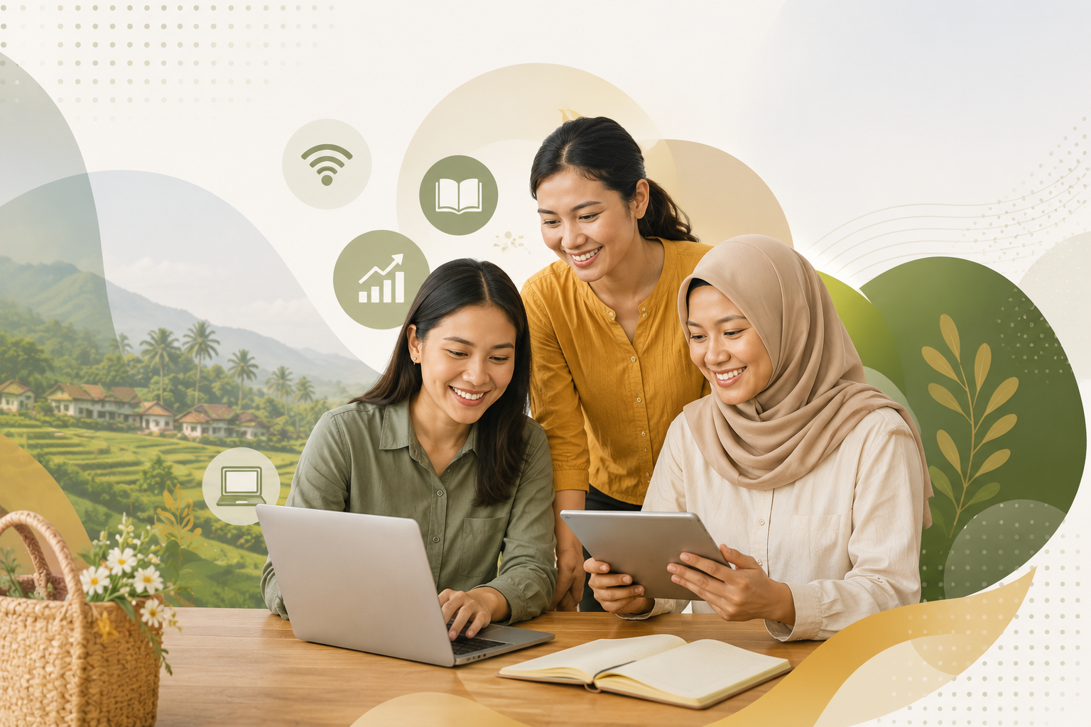 Perempuan desa belajar bersama menggunakan laptop dan tablet